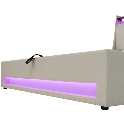 Lit coffre 140x200 avec rangement – Tissu Blanc ou Gris & LED