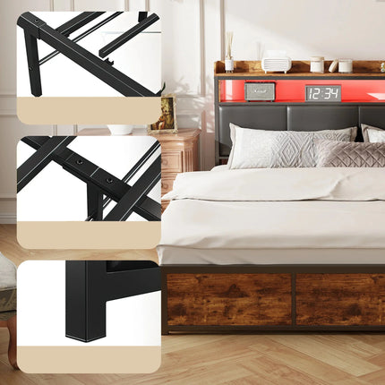180x200 bed with storage – Black and wood upholstery &amp; LED lighting with integrated drawers