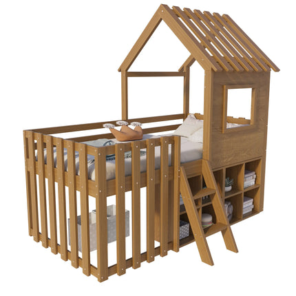 Wooden cabin bed (90x200cm) – House with barrier and open storage