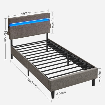 Single bed 90x190 – Metal frame with LED, USB &amp; Type-C Grey