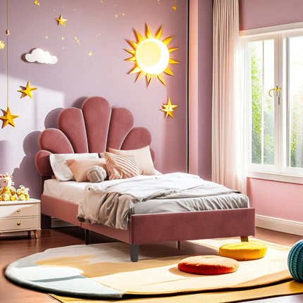 Einzelbett 90x200 – Samt mit gepolstertem, floralem Kopfteil in Rosa oder Beige