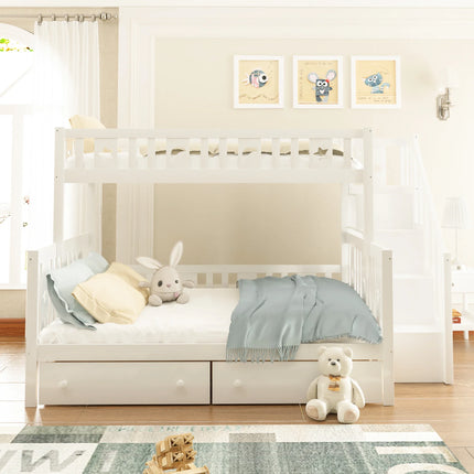 Lit cabane superposé 90x200 et 140x200 – Modèle blanc avec barrière & escalier rangement