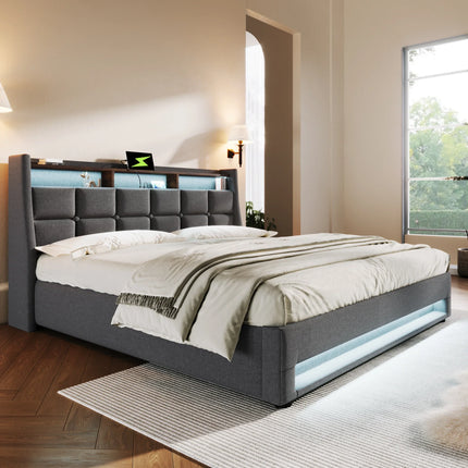 Lit coffre 140x200 avec rangement – Tissu Blanc ou Gris & LED
