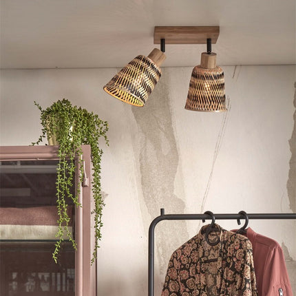 Plafonnier Java 2-Abat-jour Bambou Noir et Naturel 30 cm