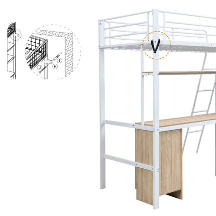 Einzel-Hochbett 90x200 – Weißes Metall mit Schreibtisch, Kleiderschrank und Stauraum