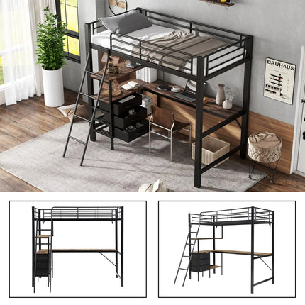 Einzel-Hochbett 90x200 – Schwarzes Metall mit Schreibtisch und Stauraum