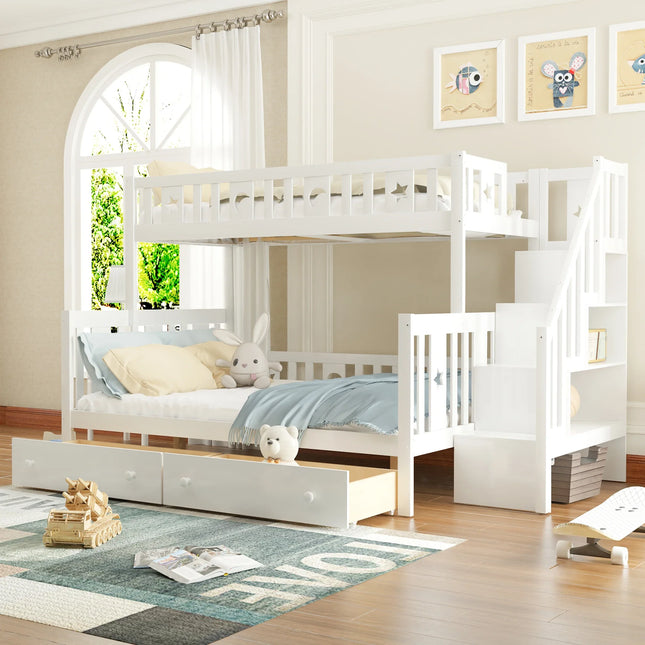 Lit cabane superposé 90x200 et 140x200 – Modèle blanc avec barrière & escalier rangement
