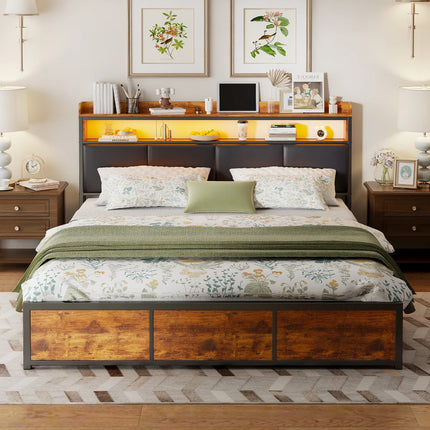 180x200 bed with storage – Black and wood upholstery &amp; LED lighting with integrated drawers