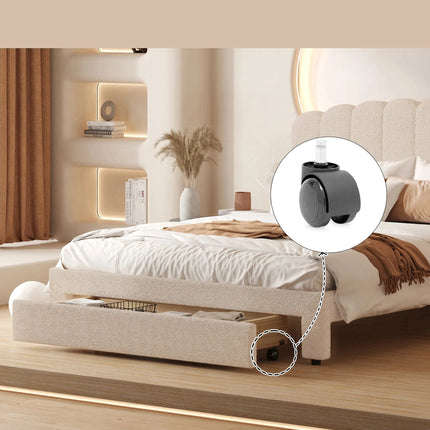 Double bed 140x200 with drawer – Adjustable beige padded teddy headboard