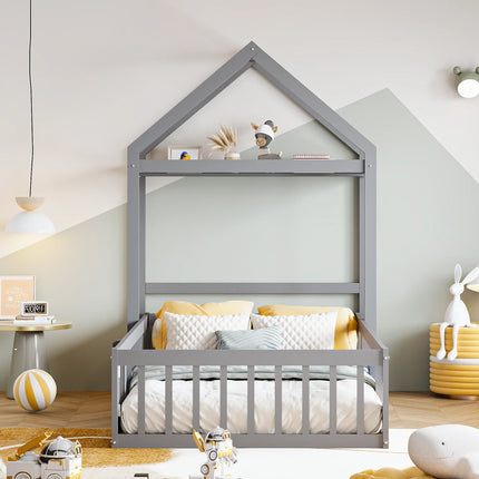 Lit cabane 90x200 en bois – Avec barrières sécurisées Blanc ou Gris