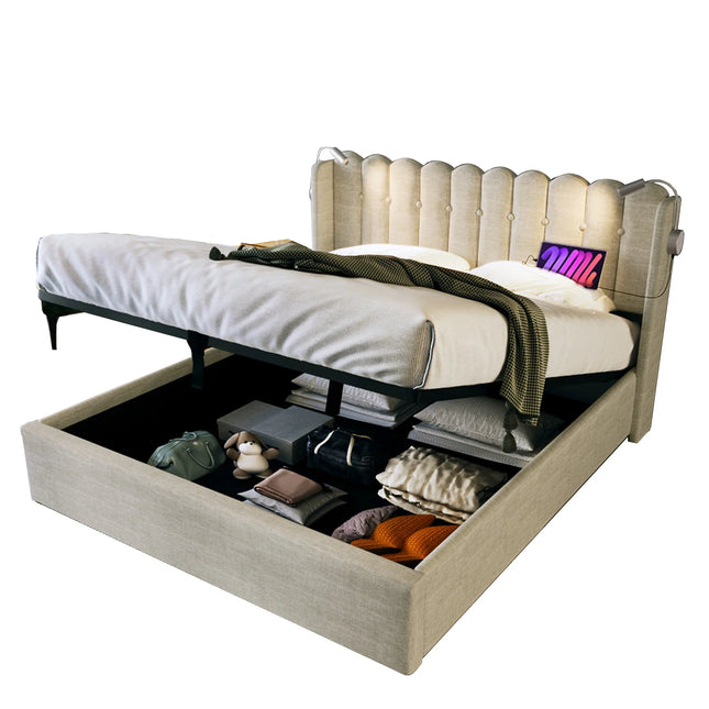 Lit coffre 2 places 160x200 avec rangement – Tissu beige avec lampe & USB
