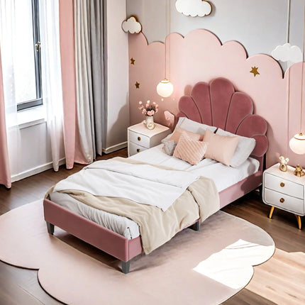 Einzelbett 90x200 – Samt mit gepolstertem, floralem Kopfteil in Rosa oder Beige