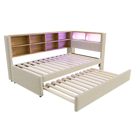 Ausziehbares Einzelbett 90x200 mit Stauraum und LED-Beleuchtung – Beige