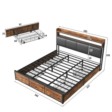 180x200 bed with storage – Black and wood upholstery &amp; LED lighting with integrated drawers