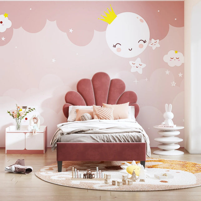 Lit 1 place 90x200 – Velours avec tête de lit fleur rembourrée Rose ou Beige