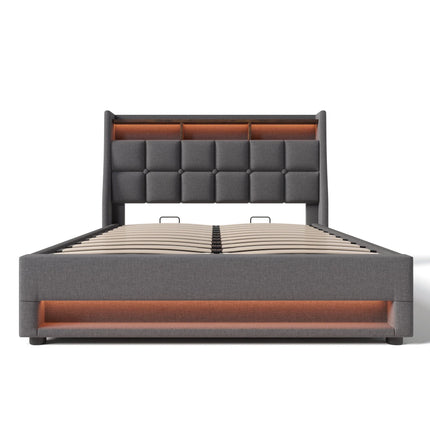 Lit coffre 140x200 avec rangement – Tissu Blanc ou Gris & LED