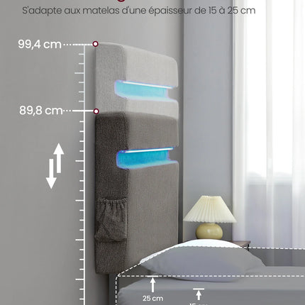 Single bed 90x190 – Metal frame with LED, USB &amp; Type-C Grey