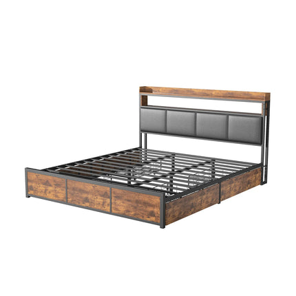 180x200 bed with storage – Black and wood upholstery &amp; LED lighting with integrated drawers