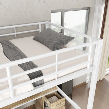 Einzel-Hochbett 90x200 – Weißes Metall mit Schreibtisch, Kleiderschrank und Stauraum