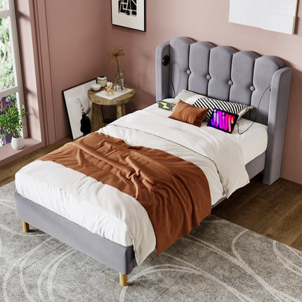Single bed 90x200 – Upholstered headboard with USB &amp; Type-C ports Grey