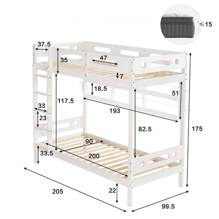 Einzel-Hochbett (90 x 200 cm) – Für 2 Personen – Weißes Holz mit 5-stufiger Leiter und Stauraum