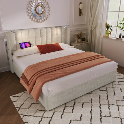 Lit coffre 2 places 160x200 avec rangement – Tissu beige avec lampe & USB