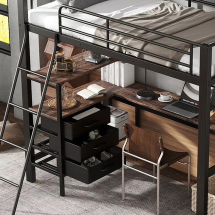 Einzel-Hochbett 90x200 – Schwarzes Metall mit Schreibtisch und Stauraum