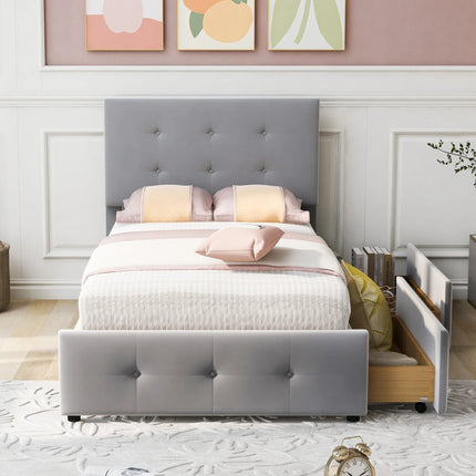 Einzelbett 90x200 – Gepolstertes Design in grauem Samt mit 2 Schubladen