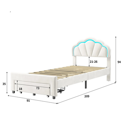 Single bed 90x200 with storage drawer – LED flower headboard