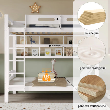 Einzel-Hochbett (90 x 200 cm) – Für 2 Personen – Weißes Holz mit 5-stufiger Leiter und Stauraum