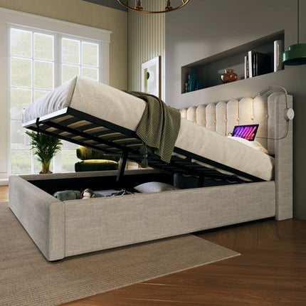 Lit coffre 2 places 160x200 avec rangement – Tissu beige avec lampe & USB