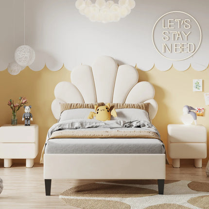 Einzelbett 90x200 – Samt mit gepolstertem, floralem Kopfteil in Rosa oder Beige