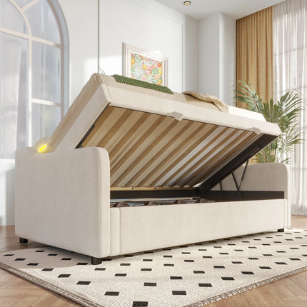Einzelbett mit Stauraum (90 x 200 cm) – Beigefarbener Samt