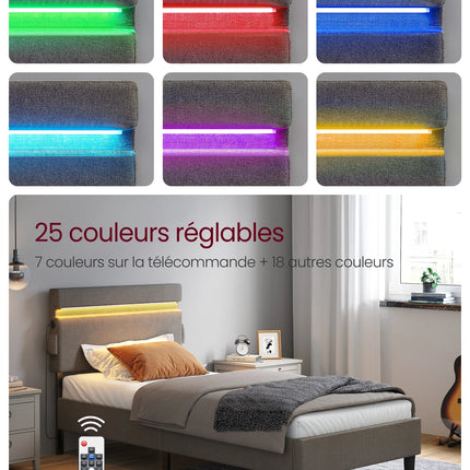 Single bed 90x190 – Metal frame with LED, USB &amp; Type-C Grey