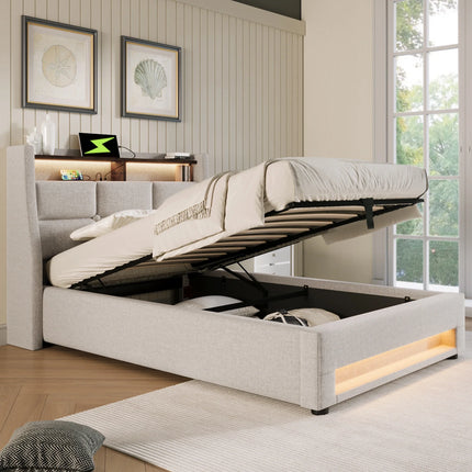 Lit coffre 140x200 avec rangement – Tissu Blanc ou Gris & LED