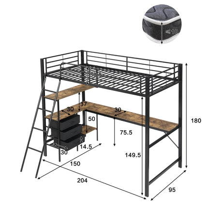 Einzel-Hochbett 90x200 – Schwarzes Metall mit Schreibtisch und Stauraum