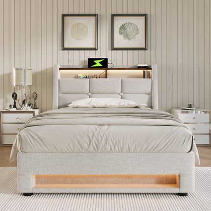Lit coffre 140x200 avec rangement – Tissu Blanc ou Gris & LED