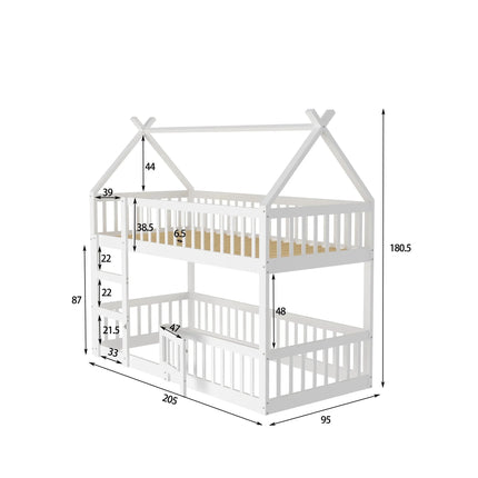 Hochbett mit zwei Einzelbetten (90x190 cm) – Weißes Holzgestell