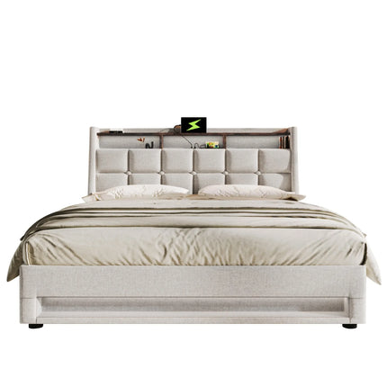 Lit coffre 140x200 avec rangement – Tissu Blanc ou Gris & LED