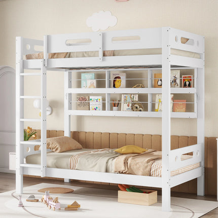Einzel-Hochbett (90 x 200 cm) – Für 2 Personen – Weißes Holz mit 5-stufiger Leiter und Stauraum