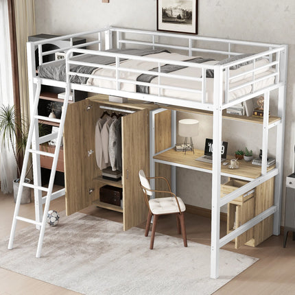 Einzel-Hochbett 90x200 – Weißes Metall mit Schreibtisch, Kleiderschrank und Stauraum