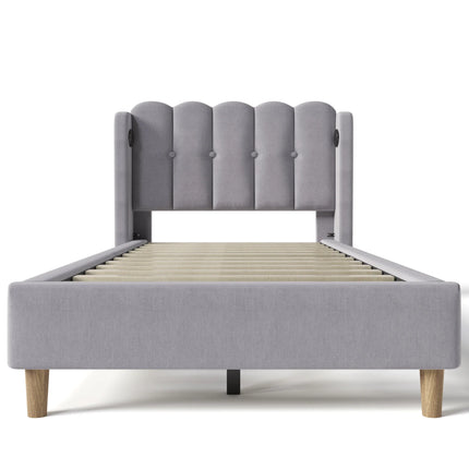Single bed 90x200 – Upholstered headboard with USB &amp; Type-C ports Grey