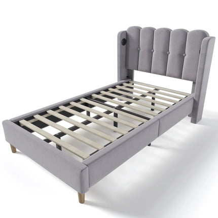 Single bed 90x200 – Upholstered headboard with USB &amp; Type-C ports Grey