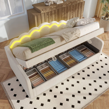 Einzelbett mit Stauraum (90 x 200 cm) – Beigefarbener Samt