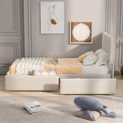 Lit 1 place 90x200 avec tiroirs de rangement – Velours capitonné