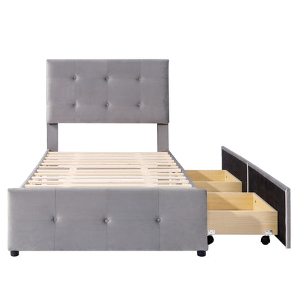 Einzelbett 90x200 – Gepolstertes Design in grauem Samt mit 2 Schubladen