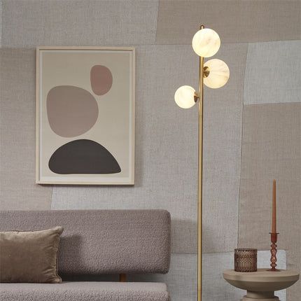 Lampadaire Carrara 3 Globes Verre Marbré Blanc et Or 159 cm