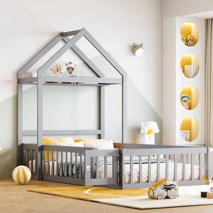 Lit cabane 90x200 en bois – Avec barrières sécurisées Blanc ou Gris