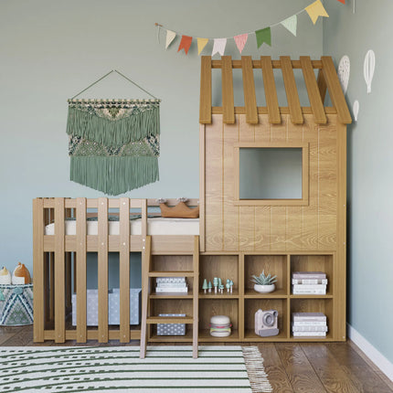 Wooden cabin bed (90x200cm) – House with barrier and open storage