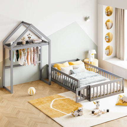 Lit cabane 90x200 en bois – Avec barrières sécurisées Blanc ou Gris
